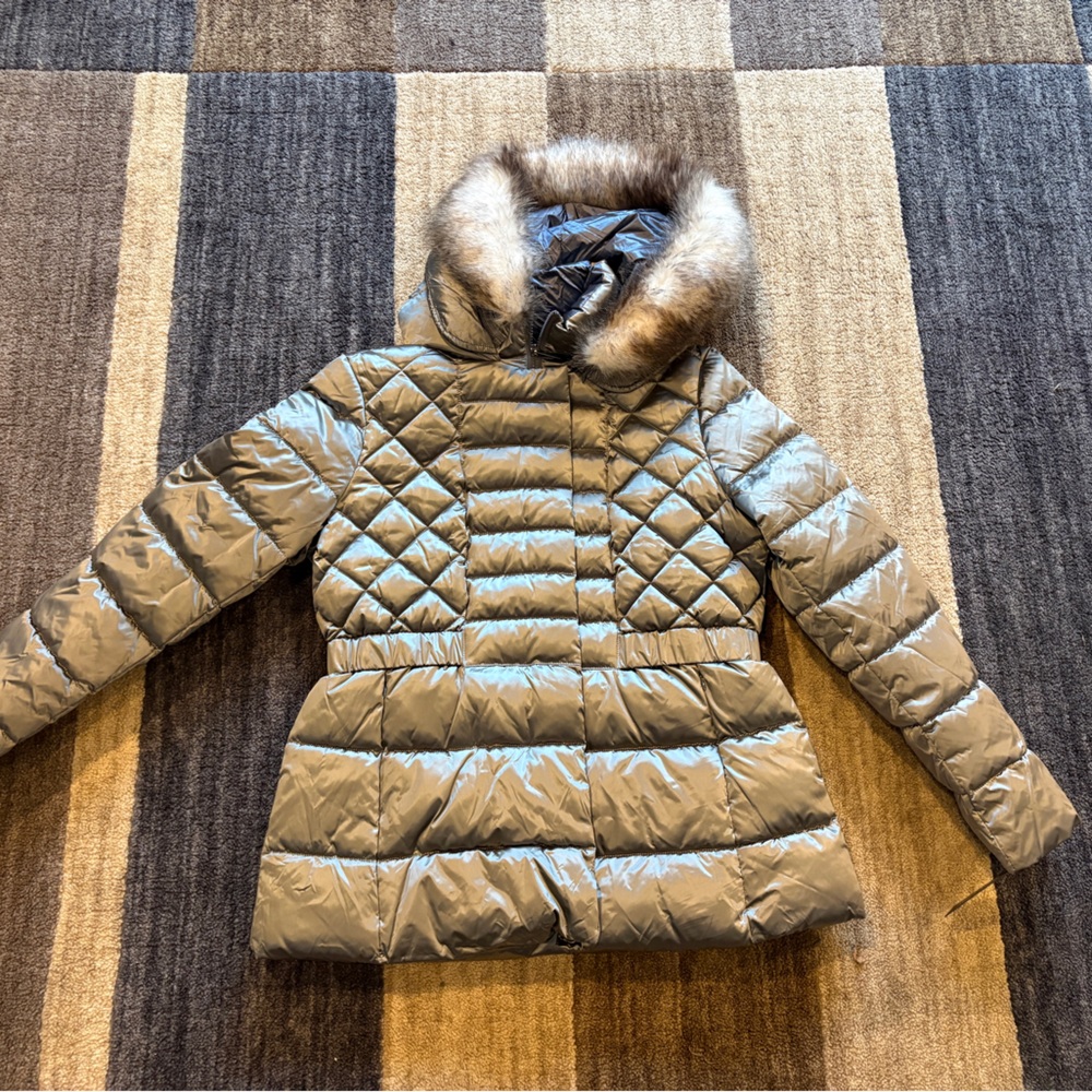 Kenneth Cole Silver Puffer Jacket with Fur Hood